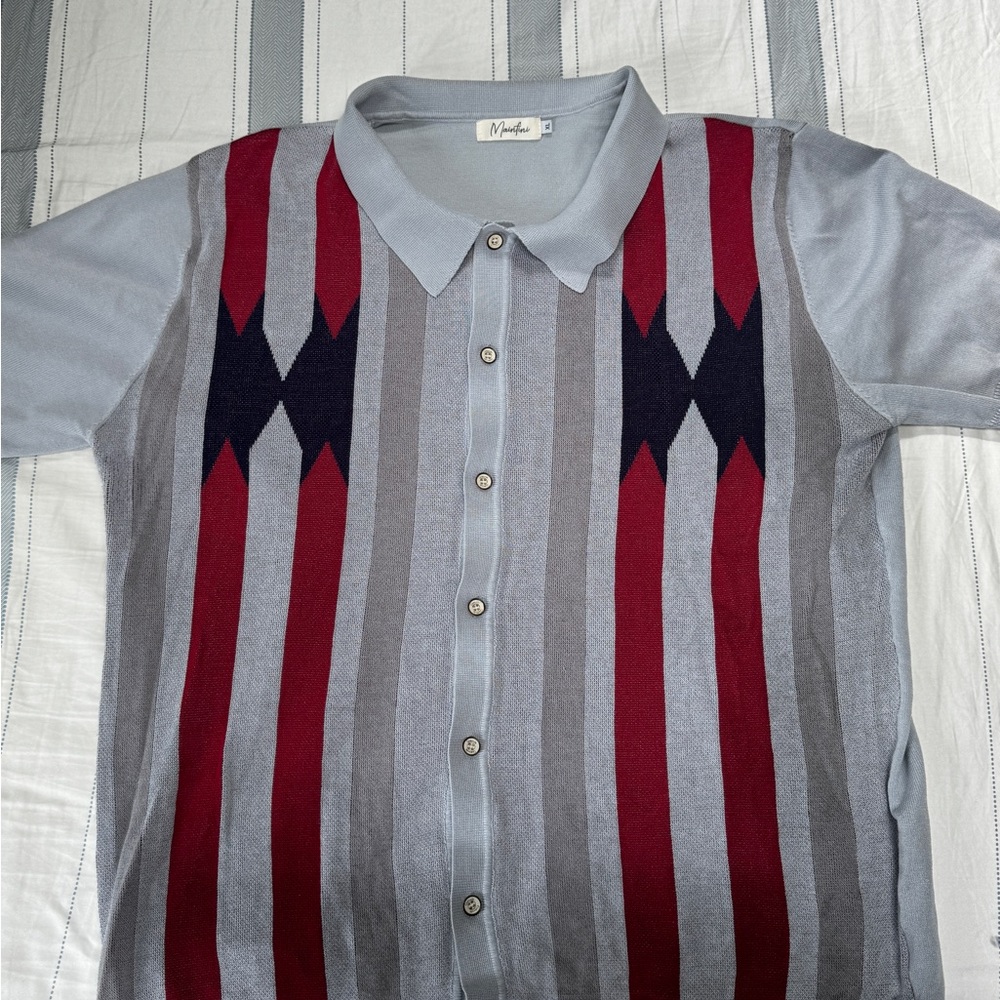 VTG Mainfini Casual Red and Gray Button Down Shirt with Retro Stripes